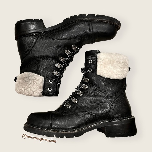 $399 Frye Samantha Black Real Leather Lace Up Shearling Fur Hiking Ankle Boot - Picture 9 of 16